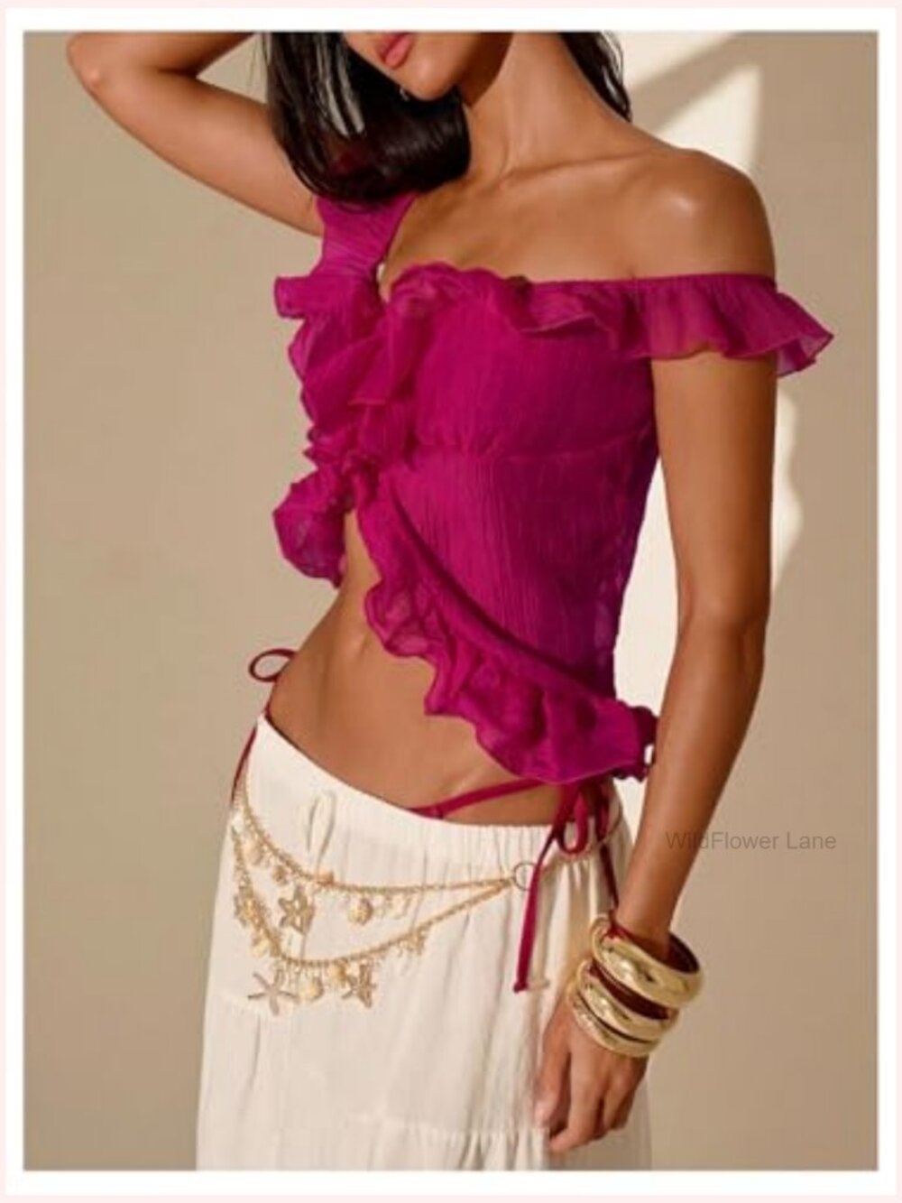 Off Shoulder Ruffle Trim Chiffon Blouse Y2k Cap Sleeve Split Top - Picture 4 of 5